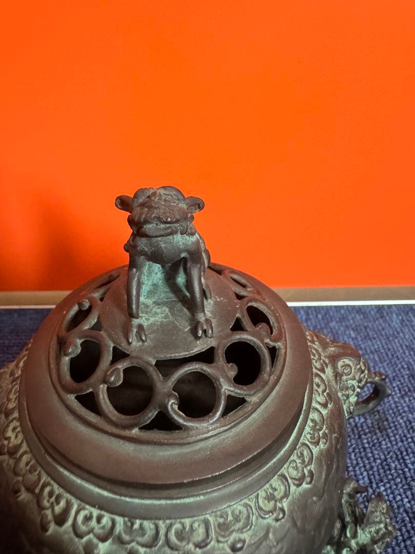 1817 高岡銅器　須賀七郎作　月芳　蝋型鋳銅　三獅子　香炉　時代物