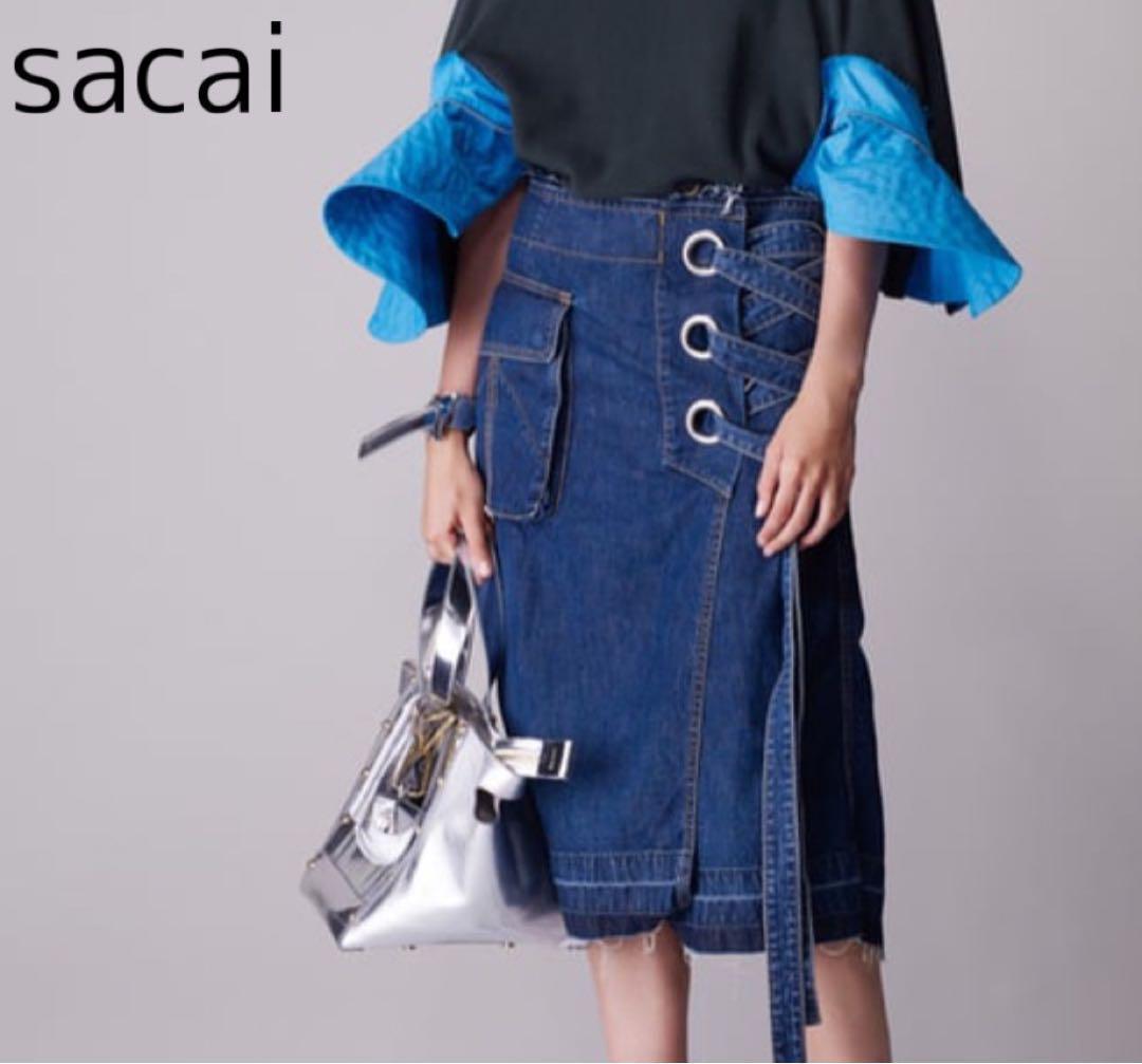 希少 sacai デニムスカート レースアップ カットオフ ミモレ丈 インディゴ