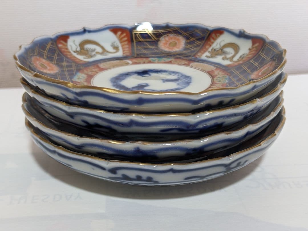 ♦江戸時代古伊万里 大明成化年製 染付金襴手 吉祥文 輪花豆皿 四枚組み 骨董品