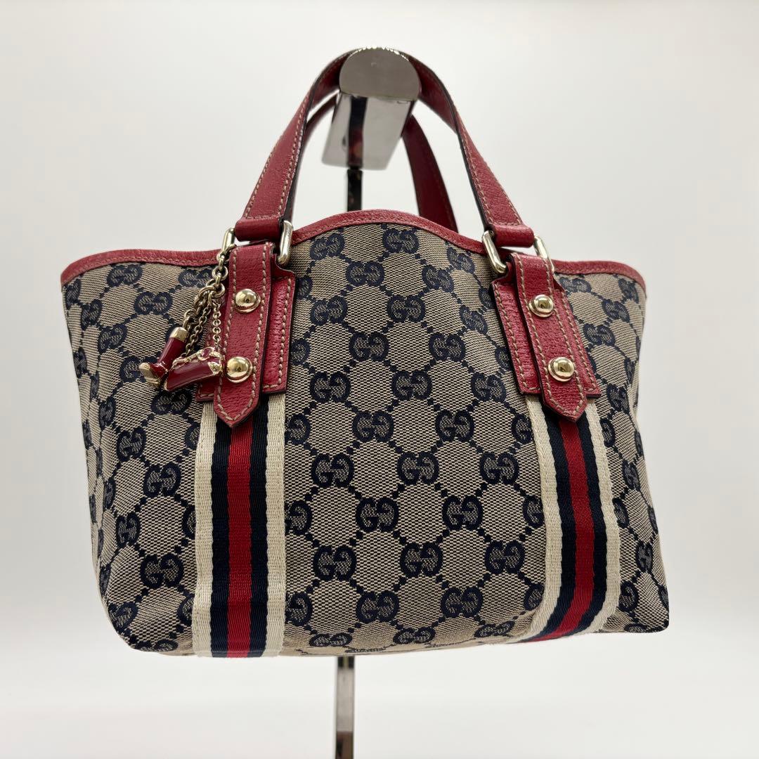 美品 ✨ グッチ ミニトートバッグ GG柄 シェリーライン キャンバス 赤