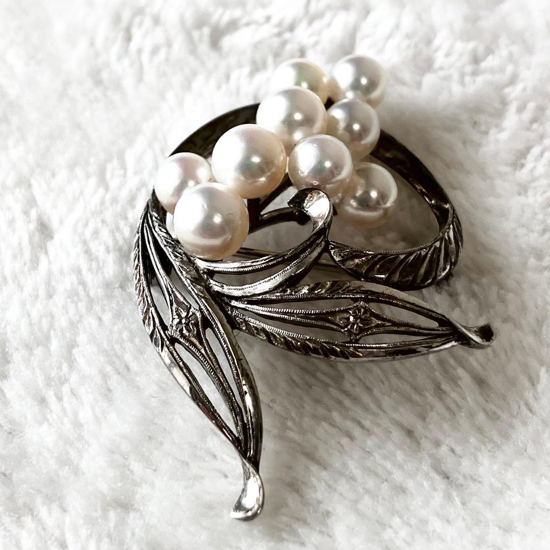 ★美品★ミキモト　パールブローチ　あこや真珠　　シルバー　7粒　リーフ　ハート