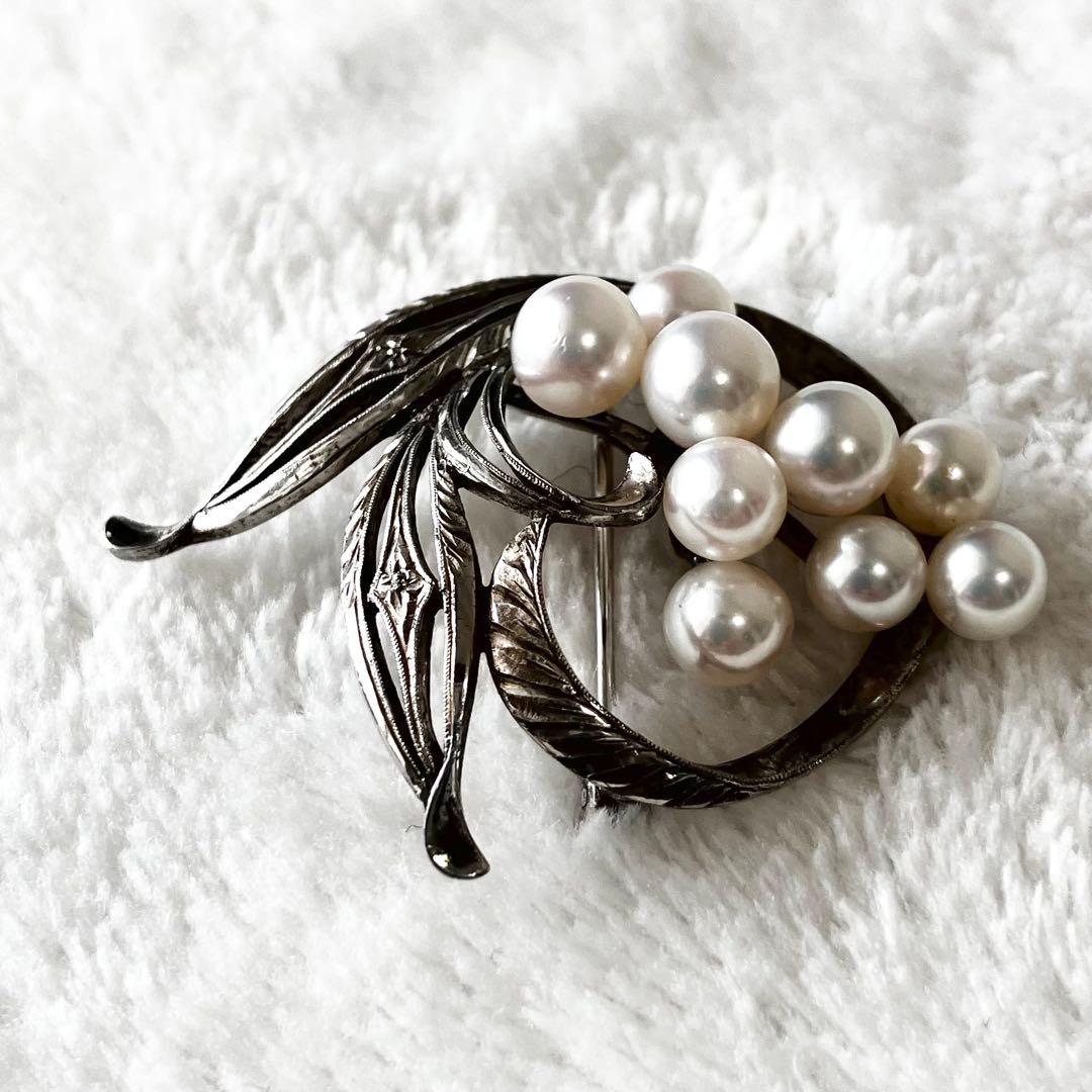 ★美品★ミキモト　パールブローチ　あこや真珠　　シルバー　7粒　リーフ　ハート