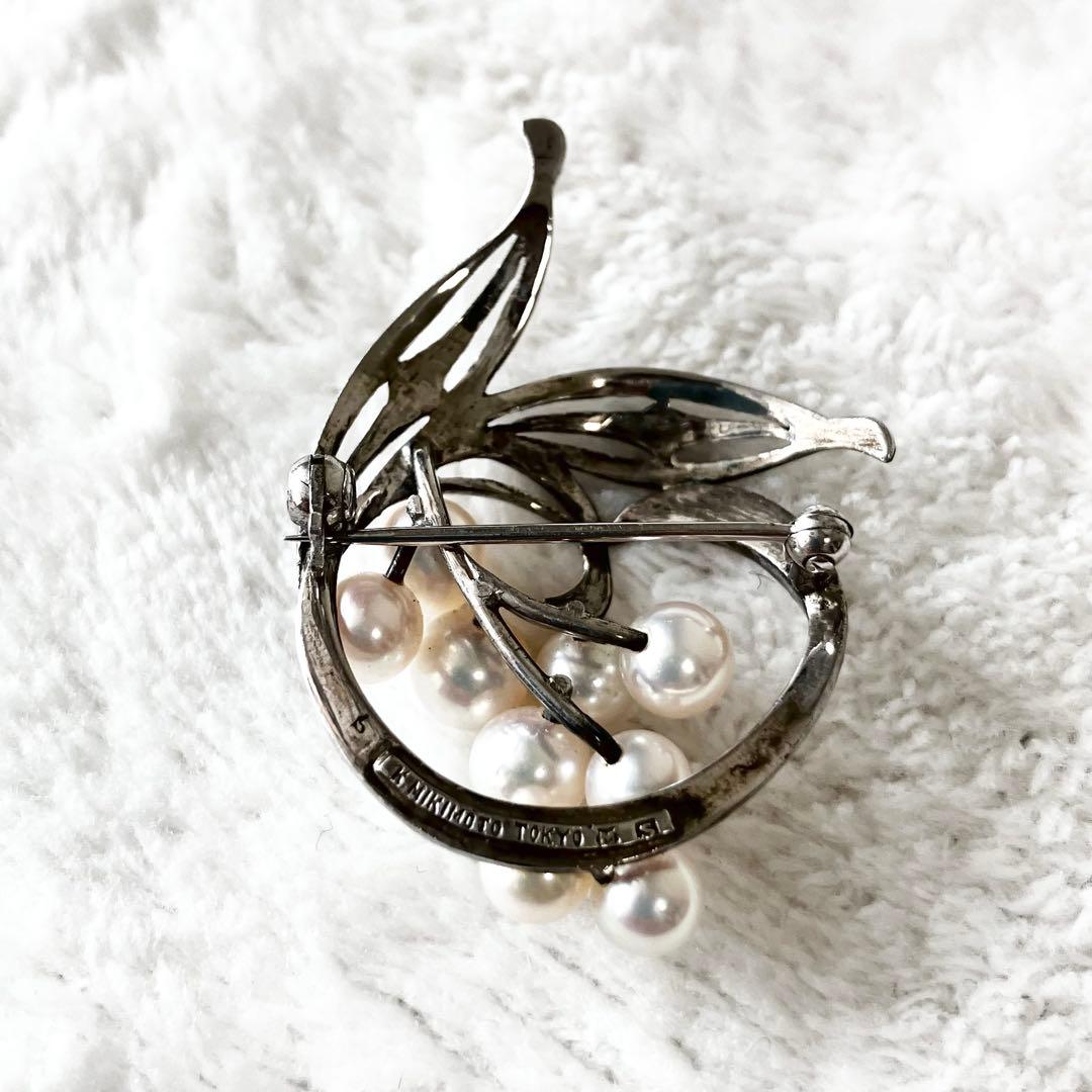 ★美品★ミキモト　パールブローチ　あこや真珠　　シルバー　7粒　リーフ　ハート