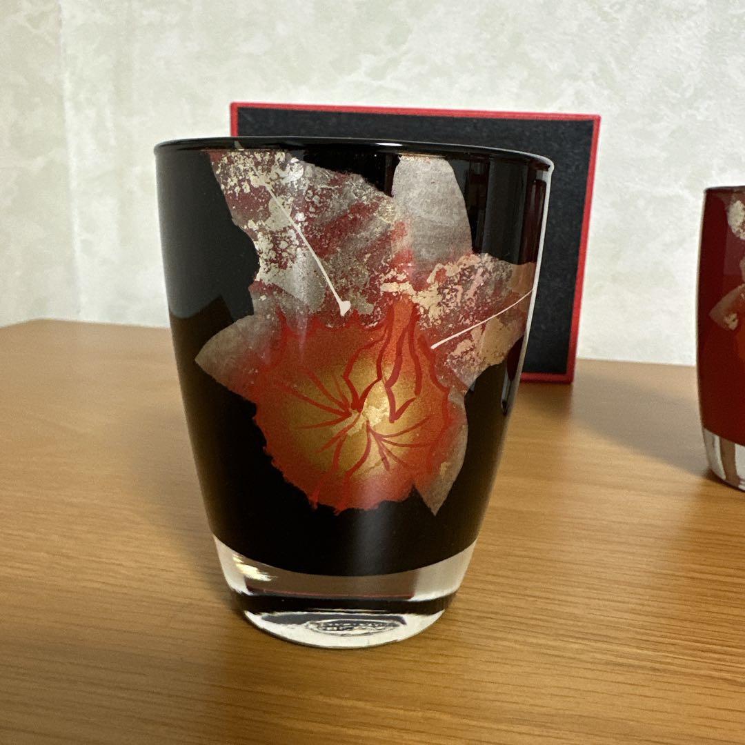 新品未使用　会津漆器　ガラス蒔絵 カトレアグラス (黒内朱・朱)ペアセット