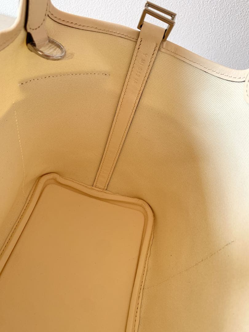 アイボリー 高級本革 キャンバス トリヨン バケツ キューブバッグ PM