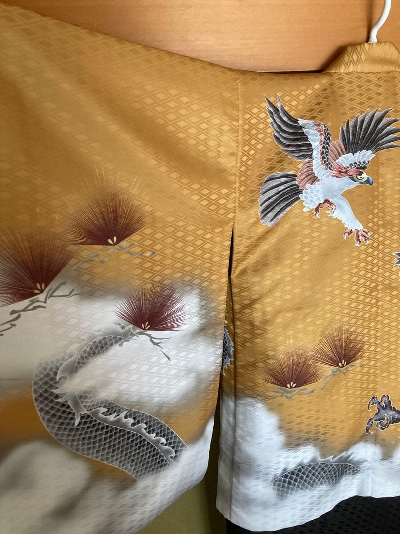 京越卸屋　七五三 着物セット 12点 鷹龍-金茶-藍鼠袴　男の子 5歳