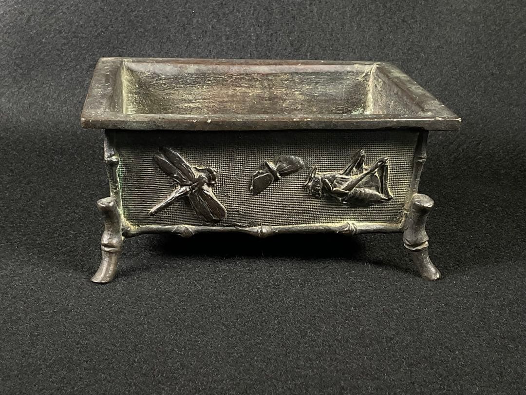 古銅　水盤　香炉　市川東玉斎造　蝶・蜘蛛・蜂他 虫づくし