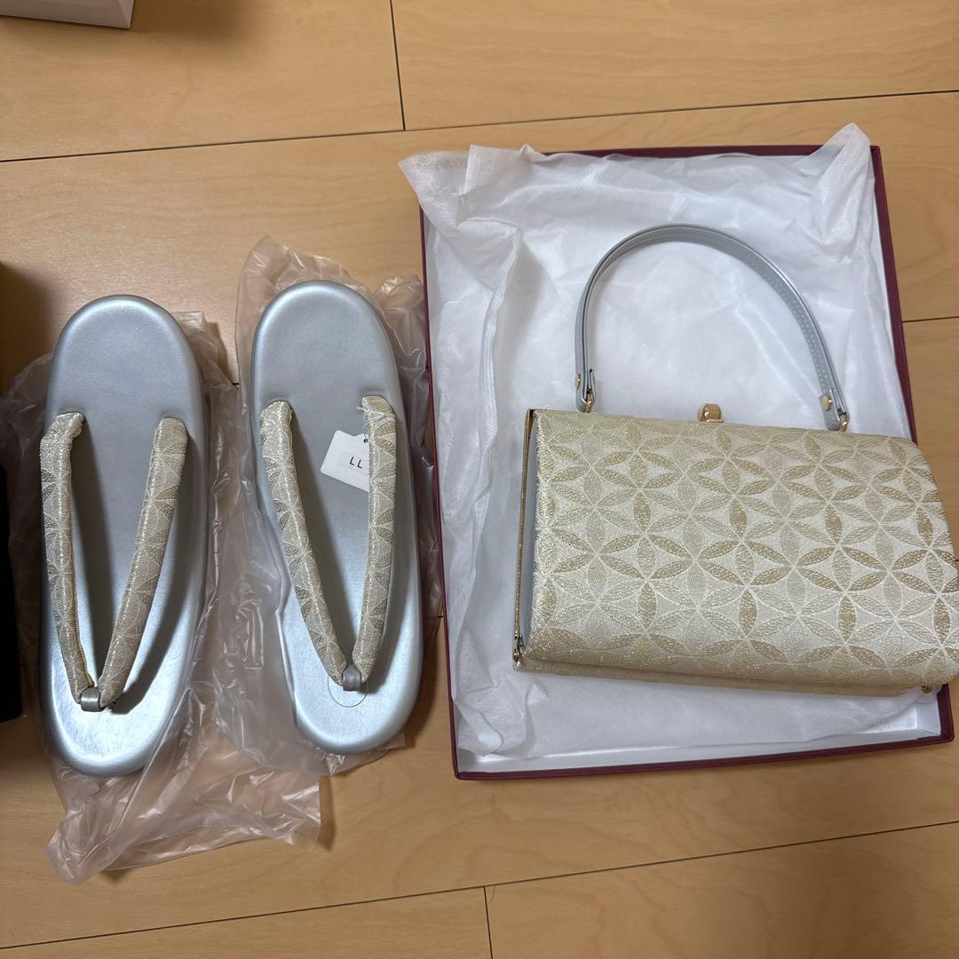 アイボリー花柄和装用バッグと草履セット