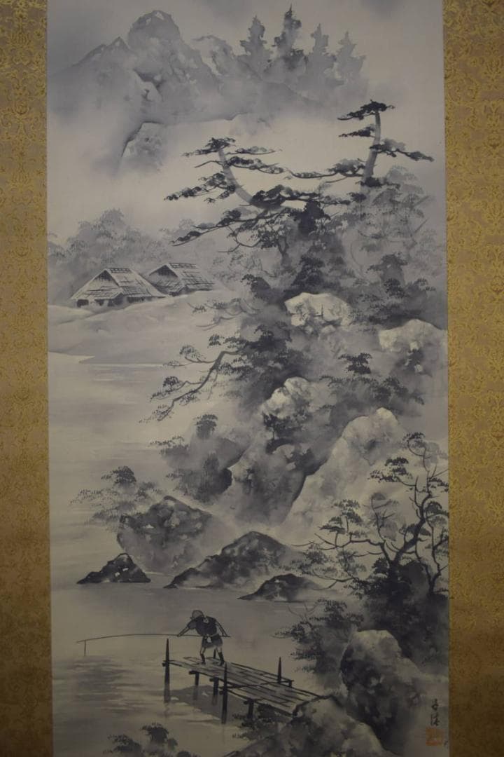 真作/清水千佳/山水釣人図/人物図/水墨山水図/桐共箱付/布袋屋掛軸HJ-97