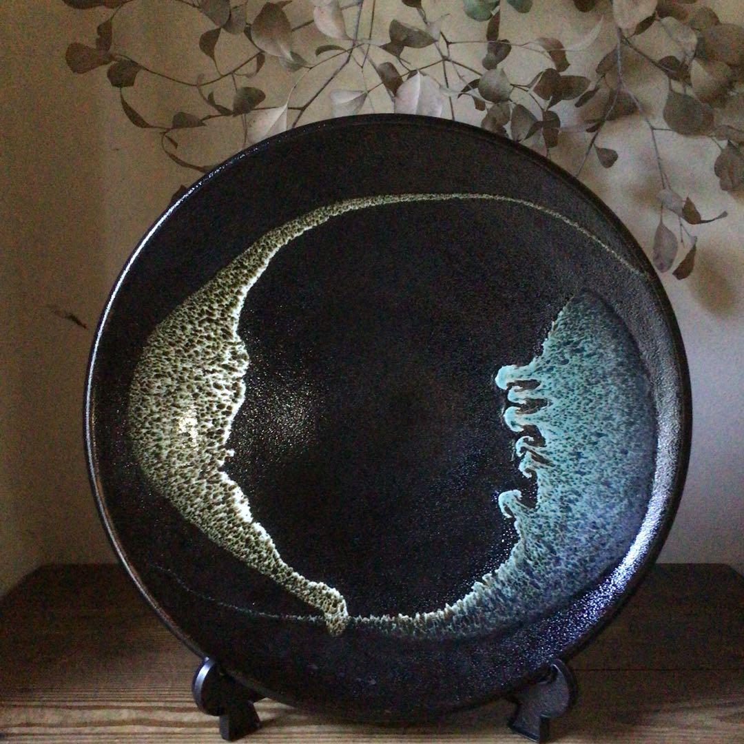 No4110 黒釉二彩大皿　陶印有　直径45.5cm 飾皿　陶磁器　送料無料