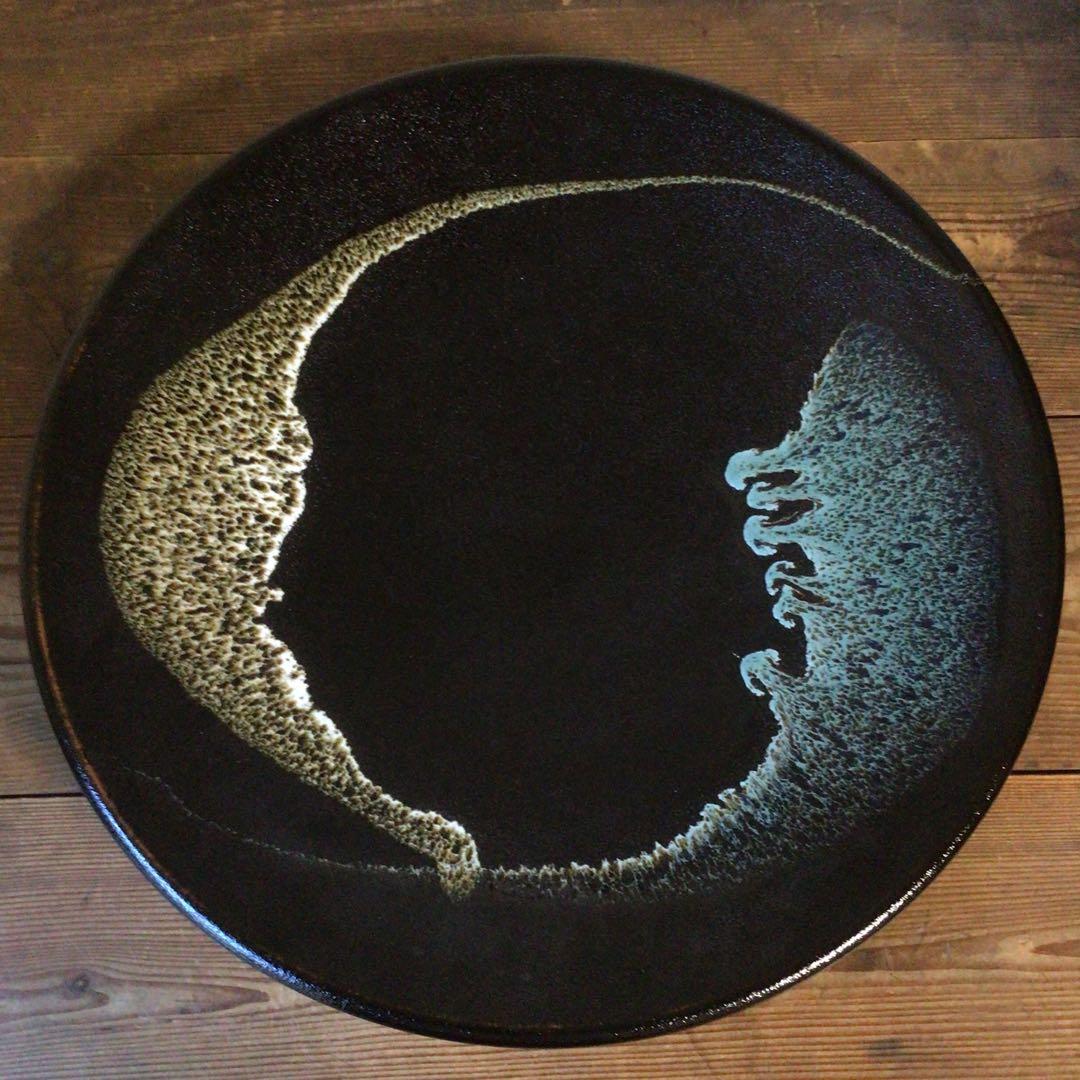 No4110 黒釉二彩大皿　陶印有　直径45.5cm 飾皿　陶磁器　送料無料