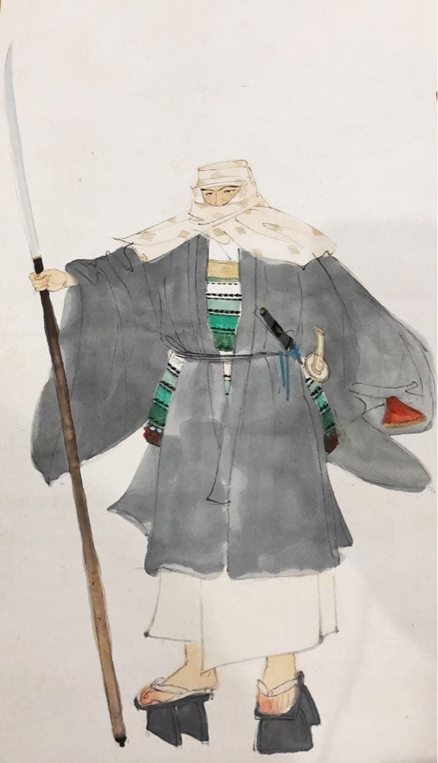 《山門之徒》掛畫。名畫家「福田  惠一」作品。美品。原畫，共箱。昭和時代。