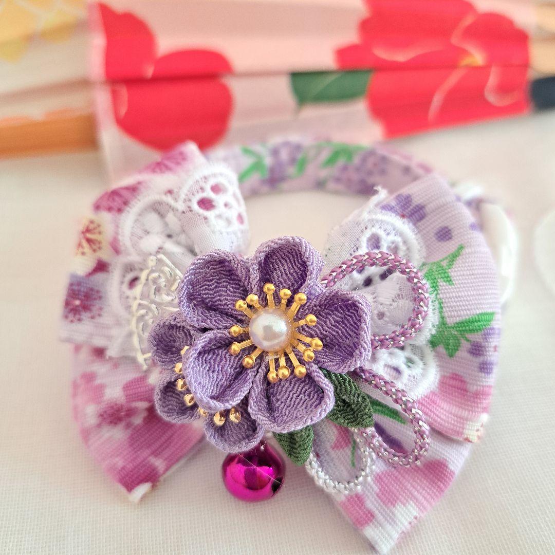 ダブルリボン、和風つまみ細工(藤色)わんちゃん猫ちゃん用首輪