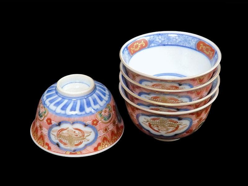 大聖寺伊万里　金襴手　窓絵　鳳凰紋　煎茶碗　向付　５客　A213AS-CWm