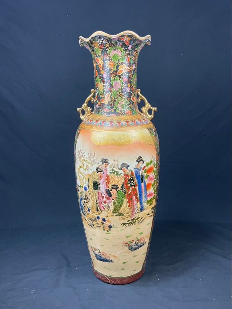 薩摩焼 特大 飾壺 金彩 美人画 金襴手 双耳 花蝶図 青粒置物 花瓶