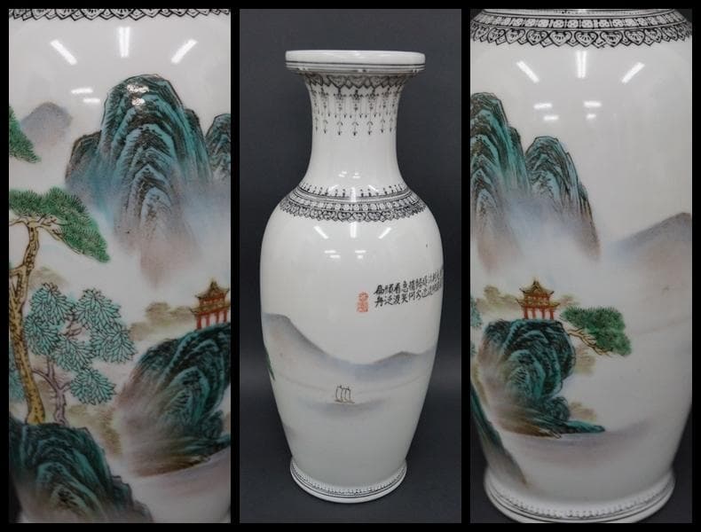 景徳鎮製在銘 粉彩色絵『山水風景漢詩文』花瓶 飾壺 手描き/ 茶道具
