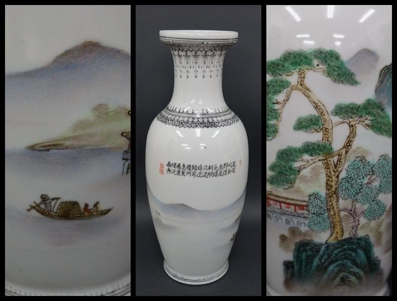 景徳鎮製在銘 粉彩色絵『山水風景漢詩文』花瓶 飾壺 手描き/ 茶道具