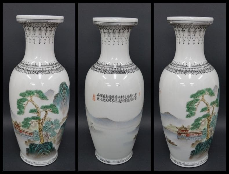 景徳鎮製在銘 粉彩色絵『山水風景漢詩文』花瓶 飾壺 手描き/ 茶道具