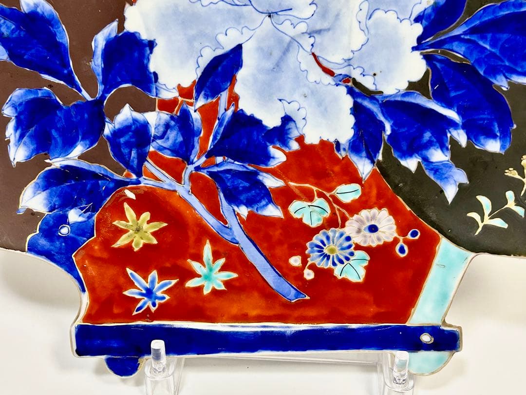 明治初期 香蘭社 染錦牡丹文団扇形皿 伊万里 有田