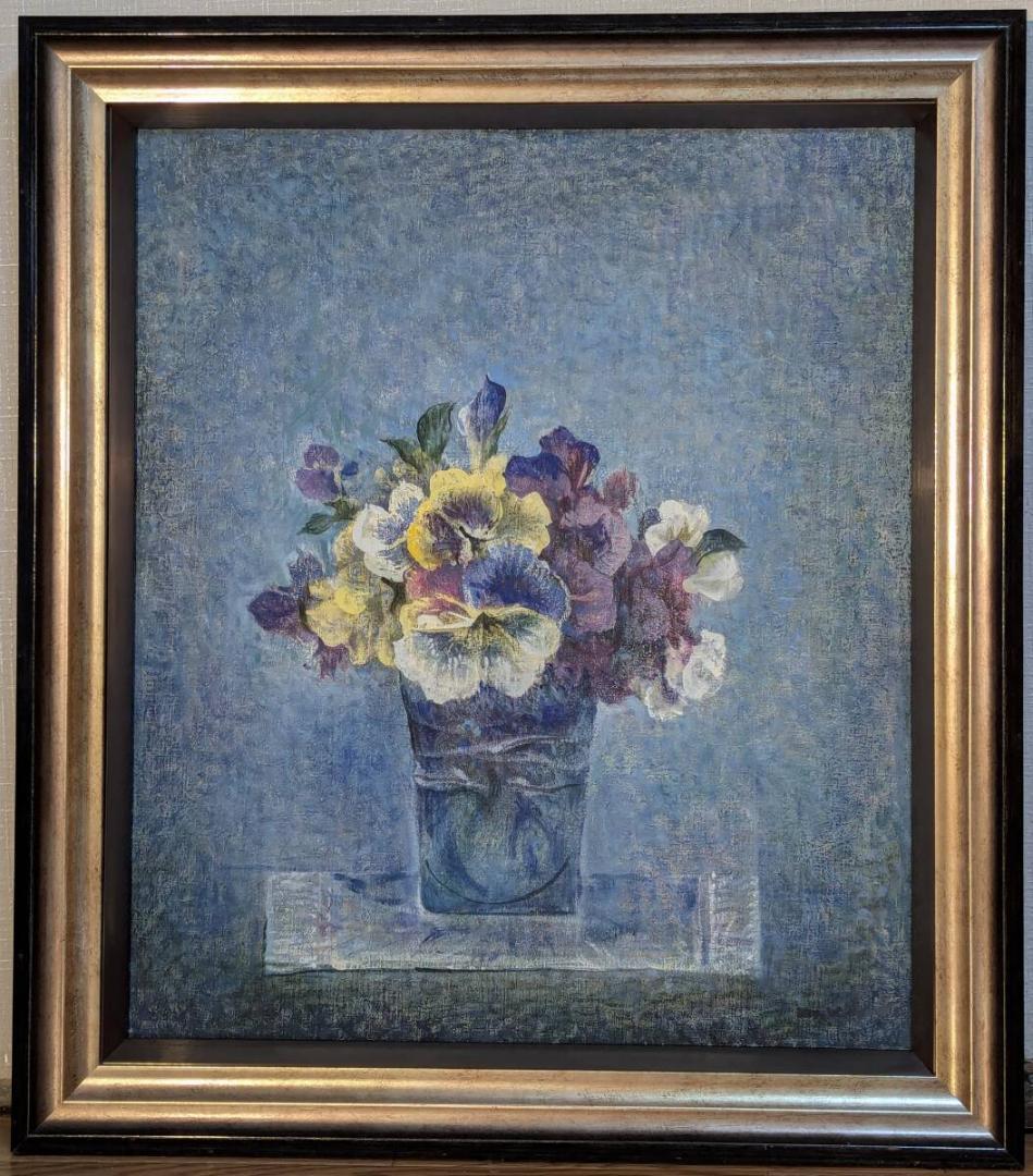 【真作】絵画　油彩10号　パンジー　青の静謐　静物画　優美な青の世界　Y93