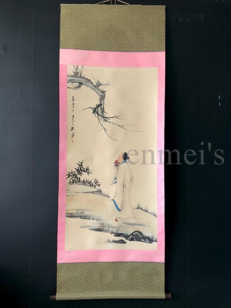 中国古美術・純手描き四尺人物掛軸・水墨画・張大千印款・茶道・肉筆・書画・文房置物