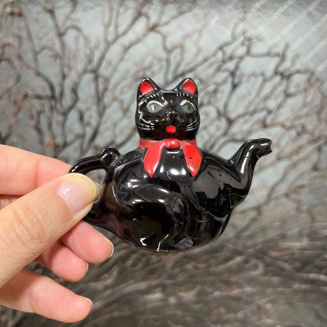 骨董　瀬戸　輸出用　希少　黒猫　招き猫　象コラボ　ティーポット　オブジェ　縁起物