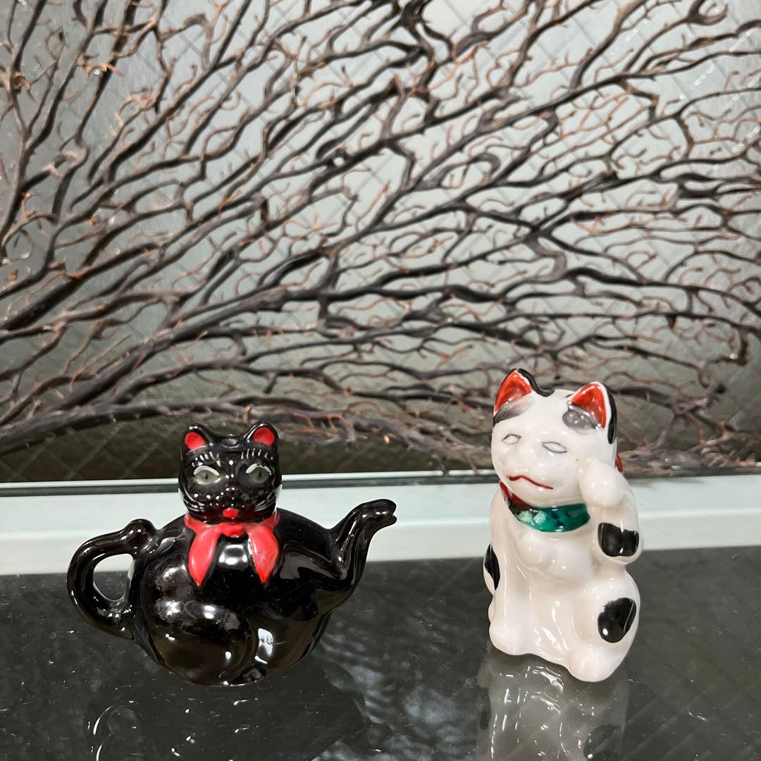 骨董　瀬戸　輸出用　希少　黒猫　招き猫　象コラボ　ティーポット　オブジェ　縁起物