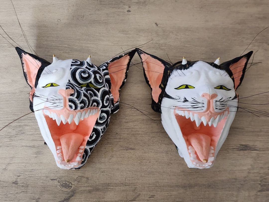 猫妖怪壁掛け木彫りお面　魔除け　珍品　アンティーク　工芸品