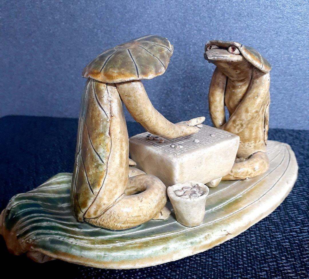 【珍品】時代物　織部焼　織部釉　河童(カッパ)の囲碁打　飾り物　オブジェ　置物