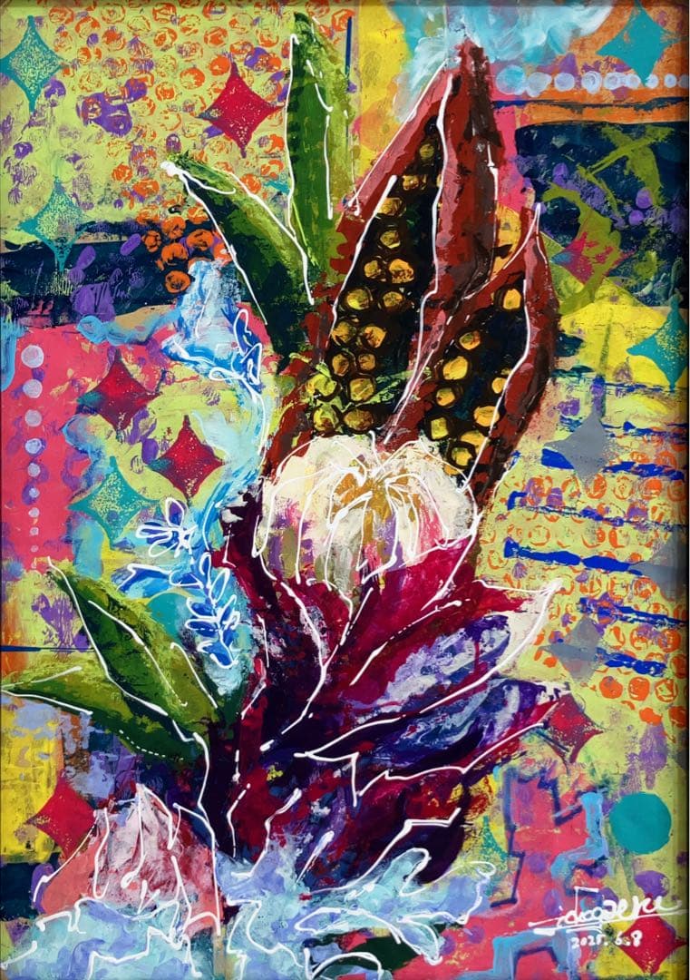 値下げ　原画　花　額付き　花の絵　静物画　絵画　アクリル画　現代アート　一点物