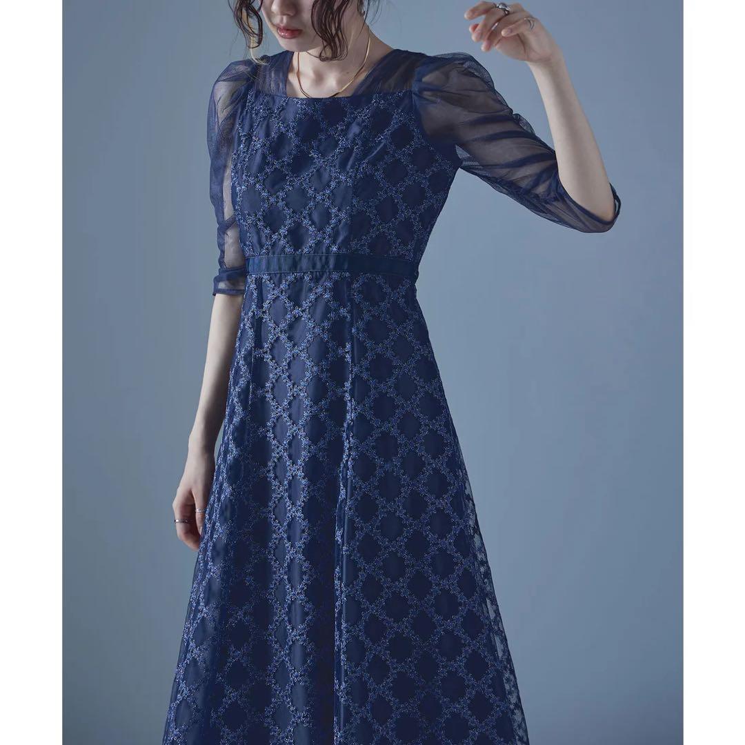 新品　エトル　ドリードール　フラワーダイアゴナルチェックフレアドレス　ネイビー