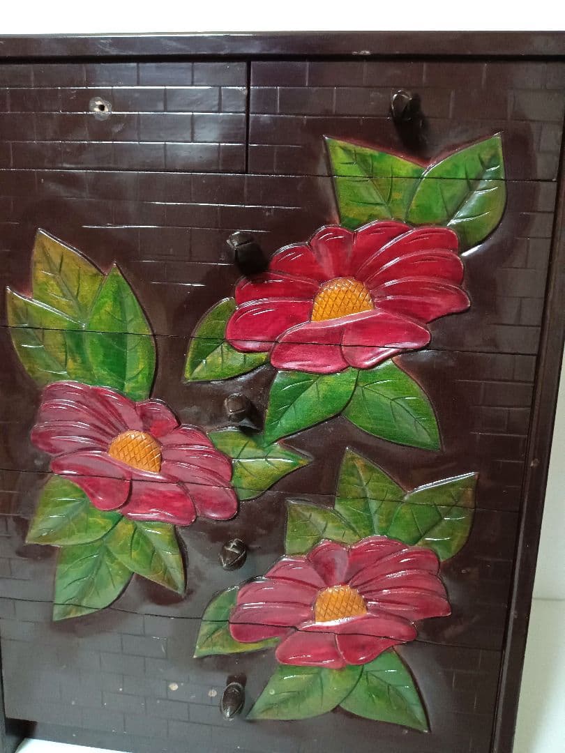 鎌倉彫り 椿 ツバキ ミニ箪笥　5段式　引き箪笥　ミニタンス　和箪笥　木製