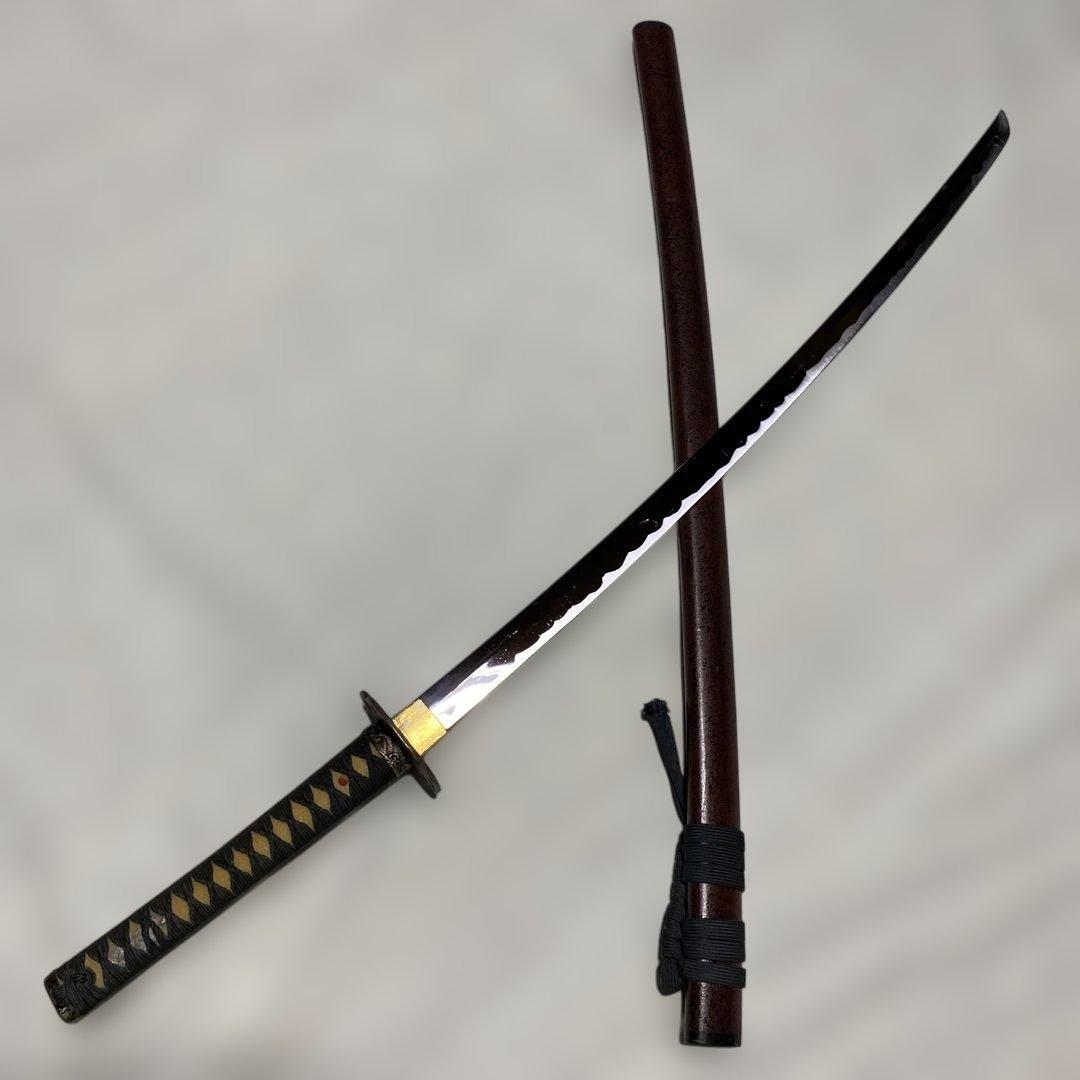 割安模造刀 濃緑柄 波絵透し丸鍔 梨地茶鞘