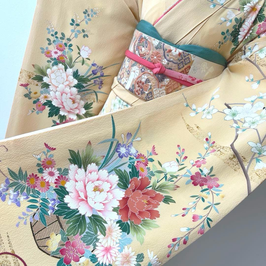 348 振袖フルセット 正絹 クリーム 黄色 金彩 小柄さん 正統派 お上品