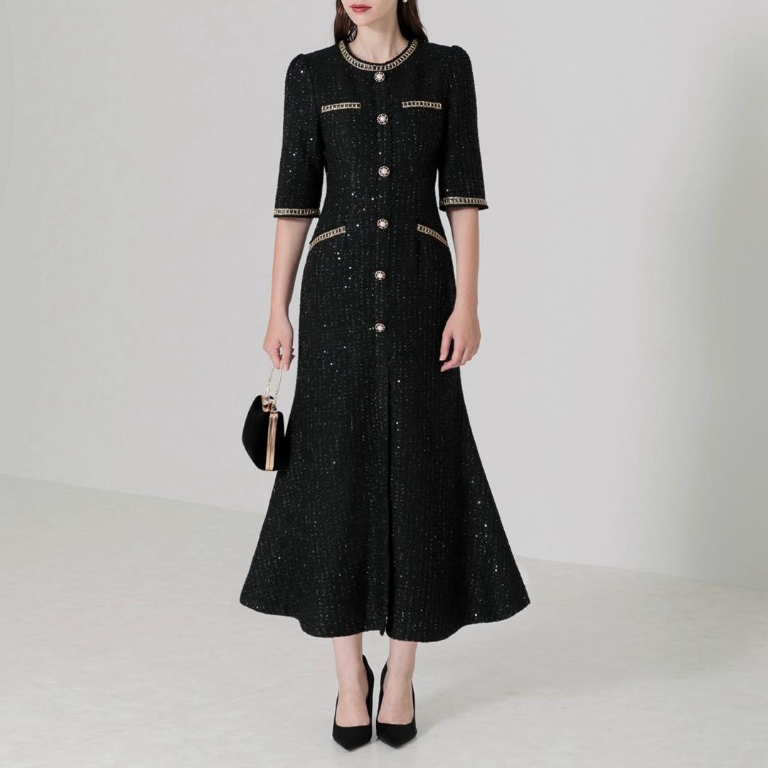 新品　Leja ラメ混ツイードレザーパイピングマーメイドロング丈ドレス