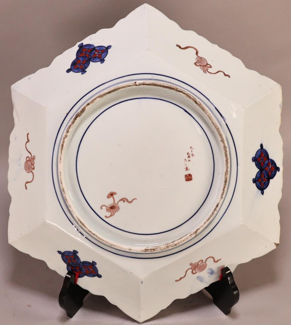 BK301　明治期　古伊万里　色絵小紋芍薬図　六角　大皿　大日本 肥蝶山 乃口製