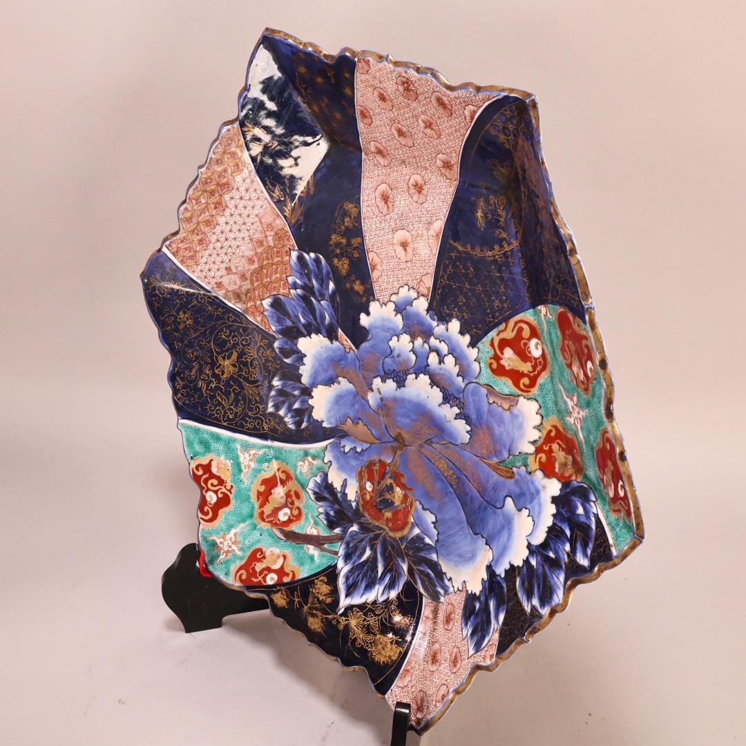 BK301　明治期　古伊万里　色絵小紋芍薬図　六角　大皿　大日本 肥蝶山 乃口製