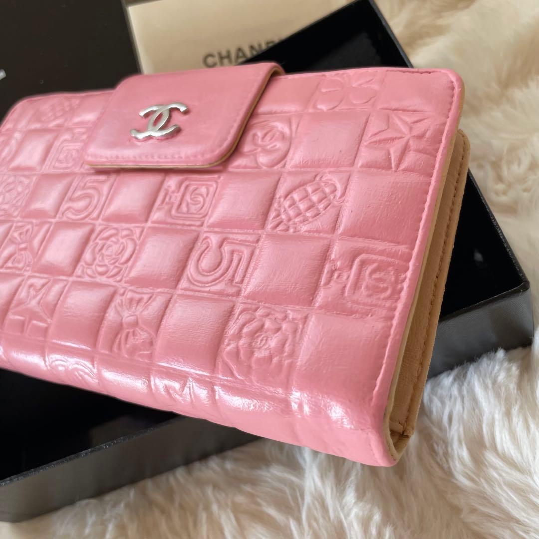 シャネル CHANEL 二つ折り 財布 アイコンライン ピンク がま口 ベージュ