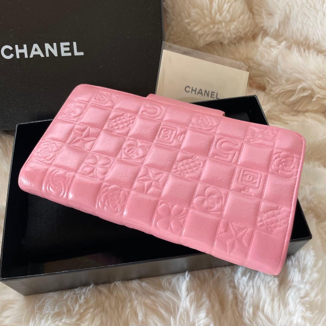 シャネル CHANEL 二つ折り 財布 アイコンライン ピンク がま口 ベージュ