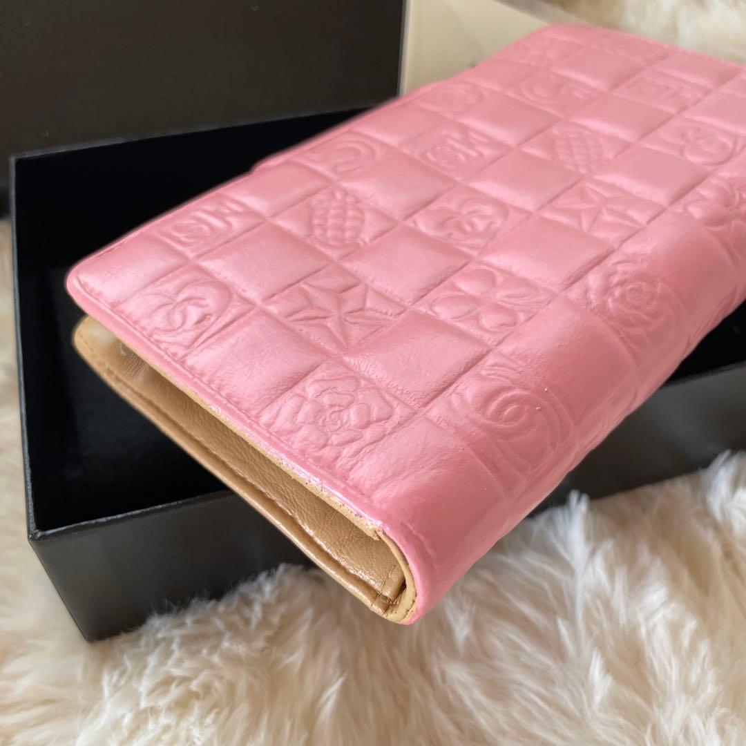 シャネル CHANEL 二つ折り 財布 アイコンライン ピンク がま口 ベージュ