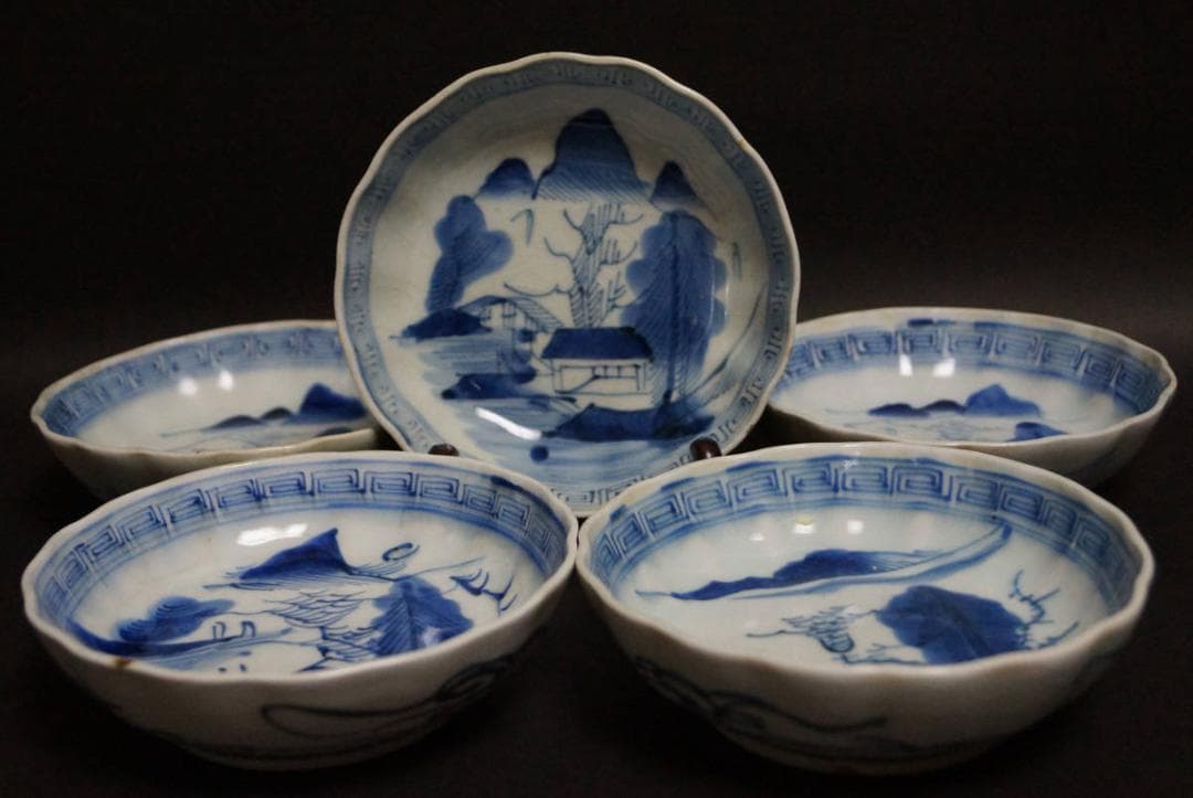 古伊万里焼 染付『山水人物風文』中皿(五客) 皿 茶事/茶道具 懐石道具