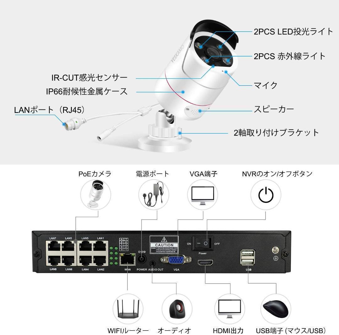 防犯カメラ 屋外 録音 POE防犯カメラ 500万画素　4台