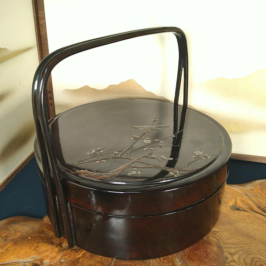 AC74 茶櫃 手付茶びつ 春図 漆絵 梅 うぐいす木製漆 アンティーク 木箱入