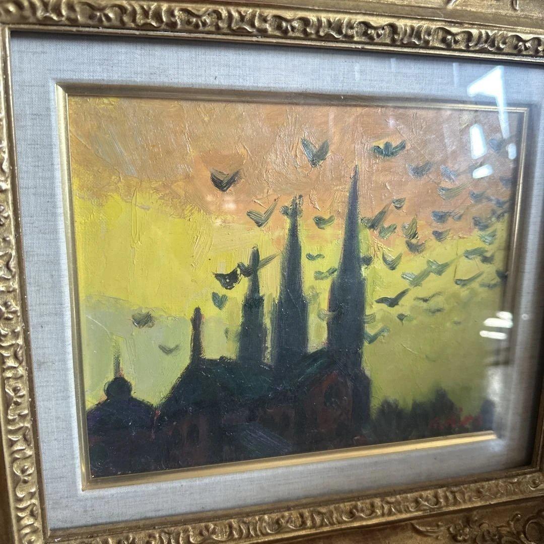 素晴らしい額の印象派風 油彩画 教会のシルエット