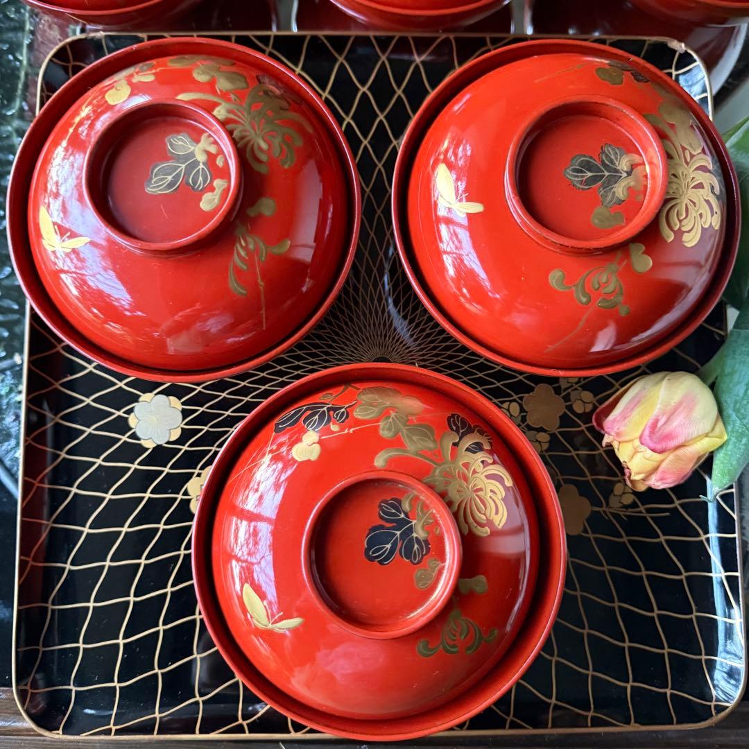 A様へ感謝お嫁入り‼️JAPAN 菊と蝶吉兆‼️朱色❌GOLD菊と蝶　吸物椀10客