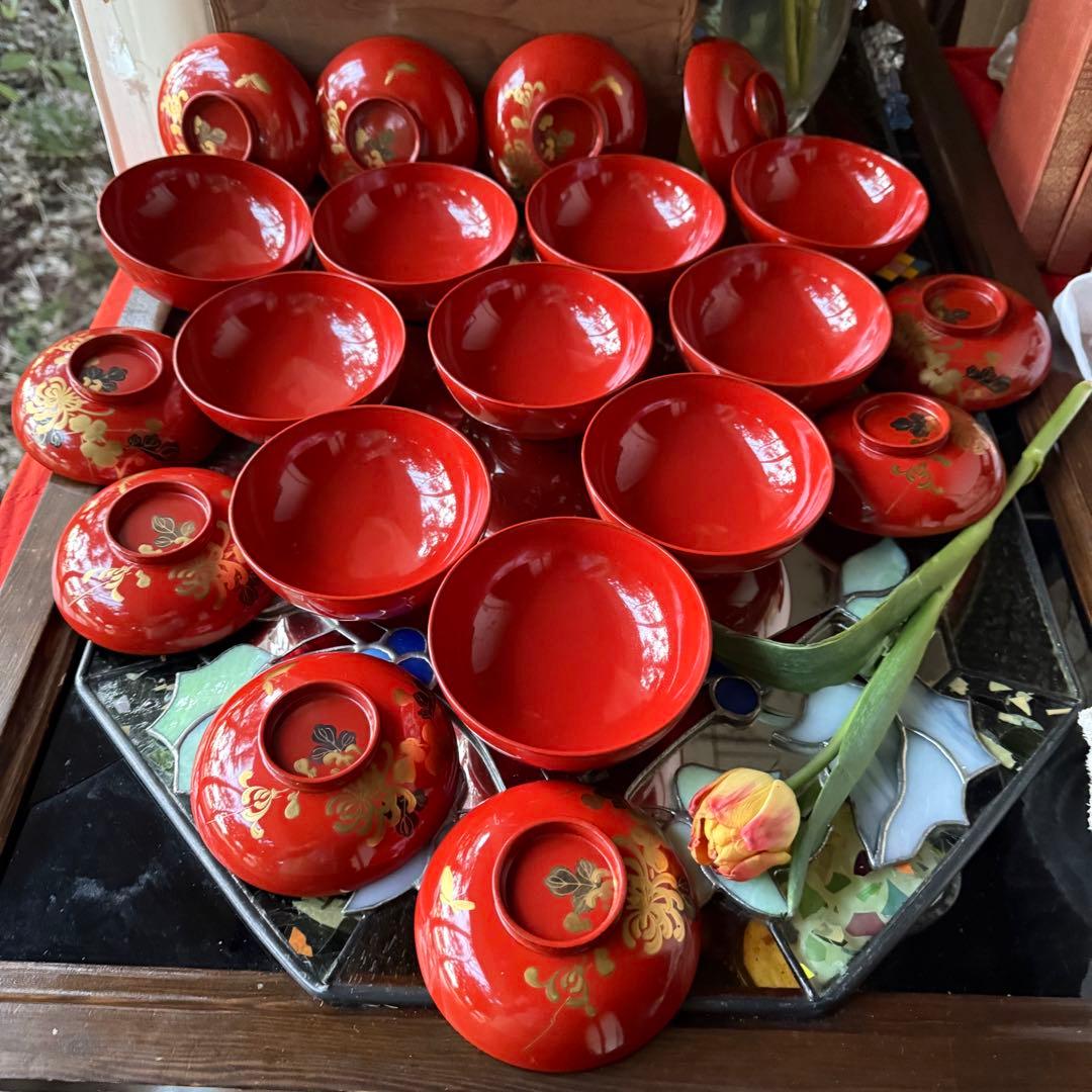 A様へ感謝お嫁入り‼️JAPAN 菊と蝶吉兆‼️朱色❌GOLD菊と蝶　吸物椀10客