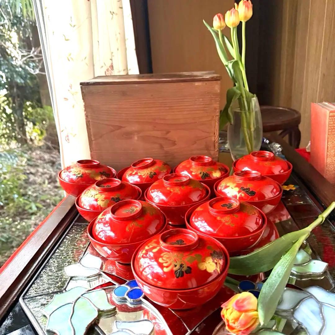 A様へ感謝お嫁入り‼️JAPAN 菊と蝶吉兆‼️朱色❌GOLD菊と蝶　吸物椀10客