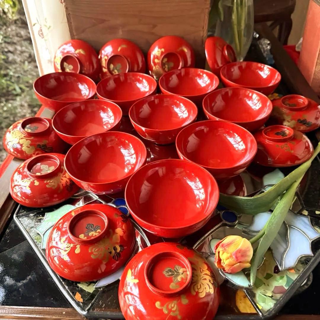 A様へ感謝お嫁入り‼️JAPAN 菊と蝶吉兆‼️朱色❌GOLD菊と蝶　吸物椀10客