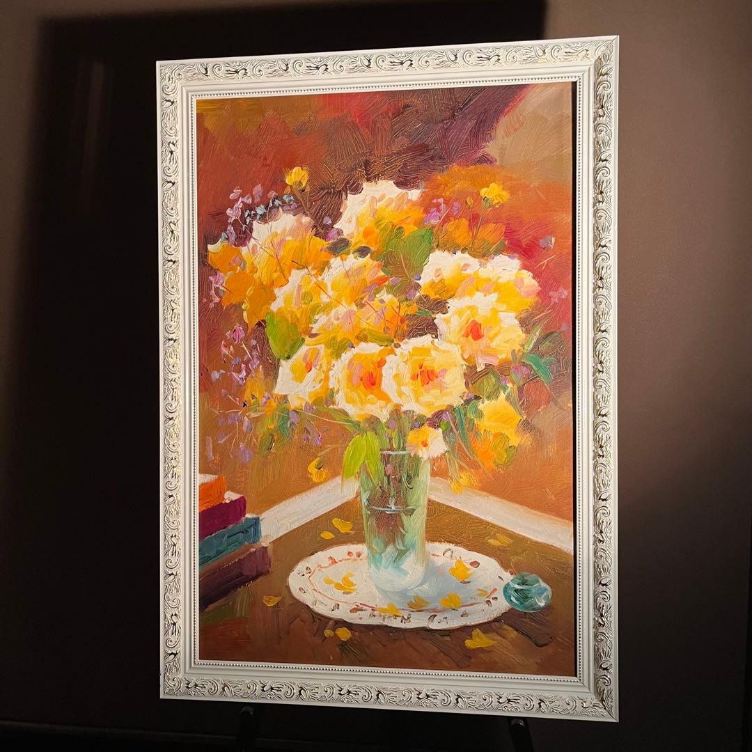 ★特大秀作★手書き油絵 花瓶の花 肉筆絵画 インテリア 油彩画