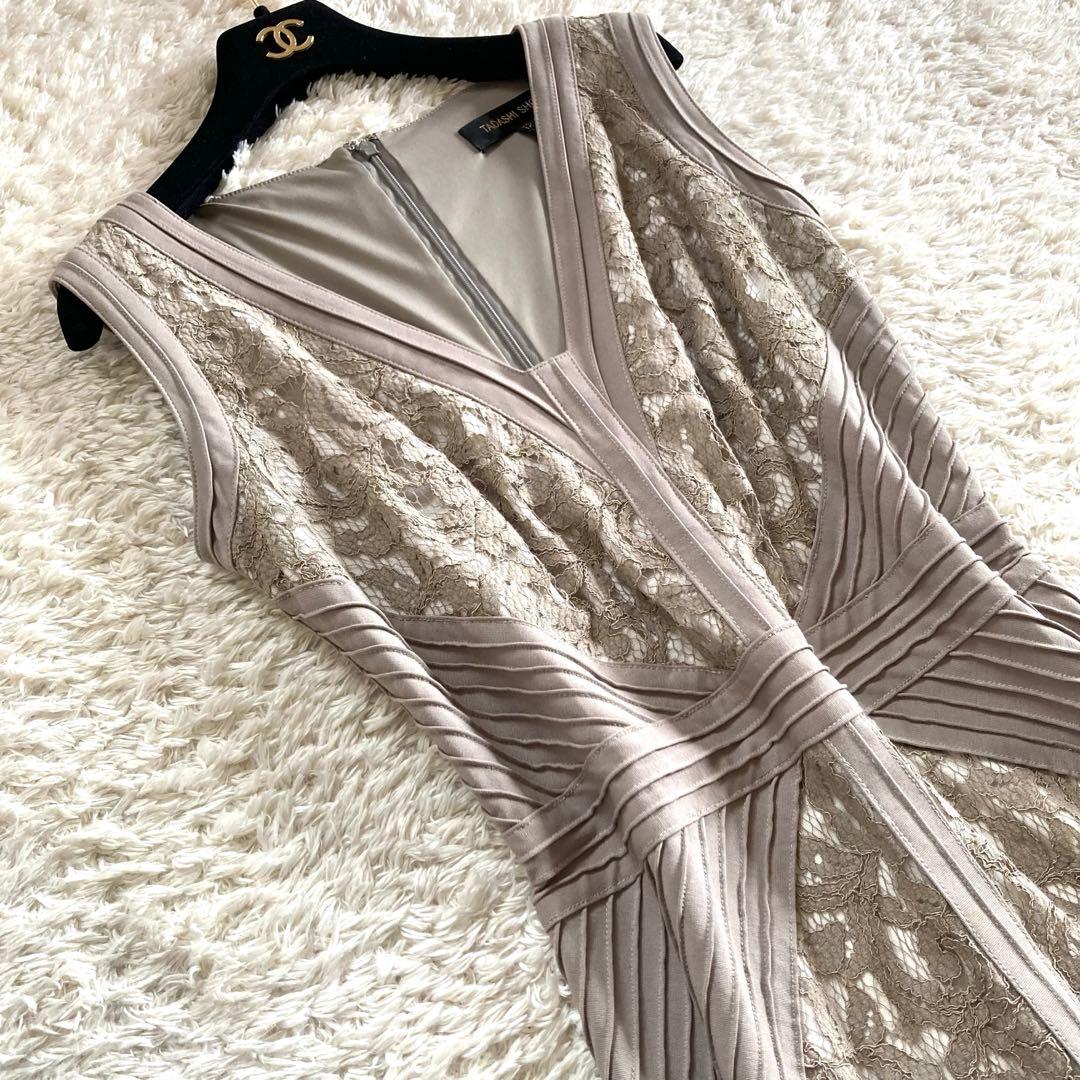 【美品 大きいサイズ12】タダシショージ 総レース ピンタック ロングドレス